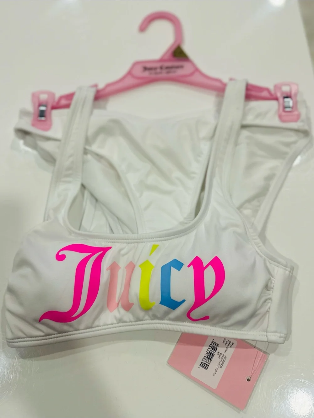 Juicy Couture White Bikini Top with Neon Multicolor 'Juicy' Script